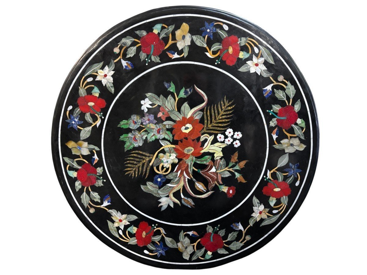 Grand Plateau De Table Rond En Pietra Dura Italien Avec Floral , 20ème.-photo-7