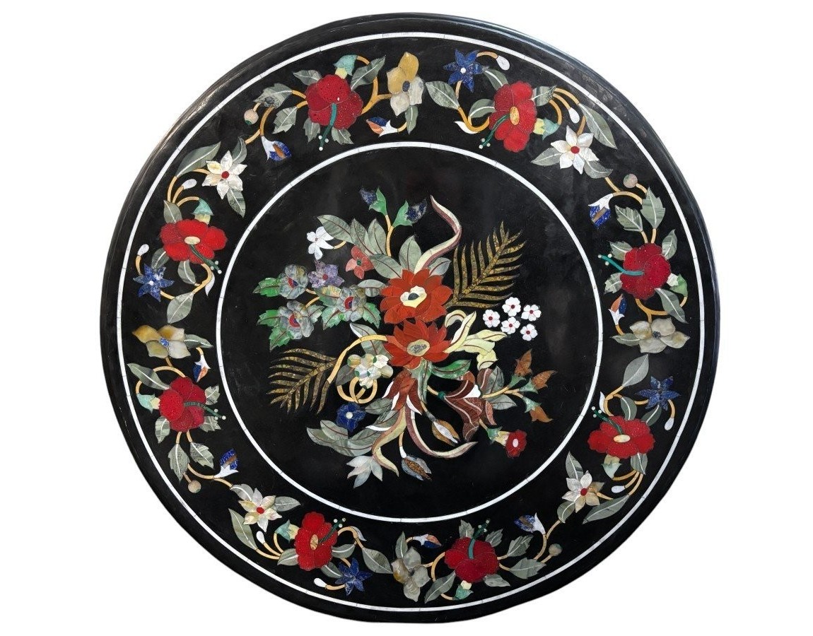 Grand Plateau De Table Rond En Pietra Dura Italien Avec Floral , 20ème.