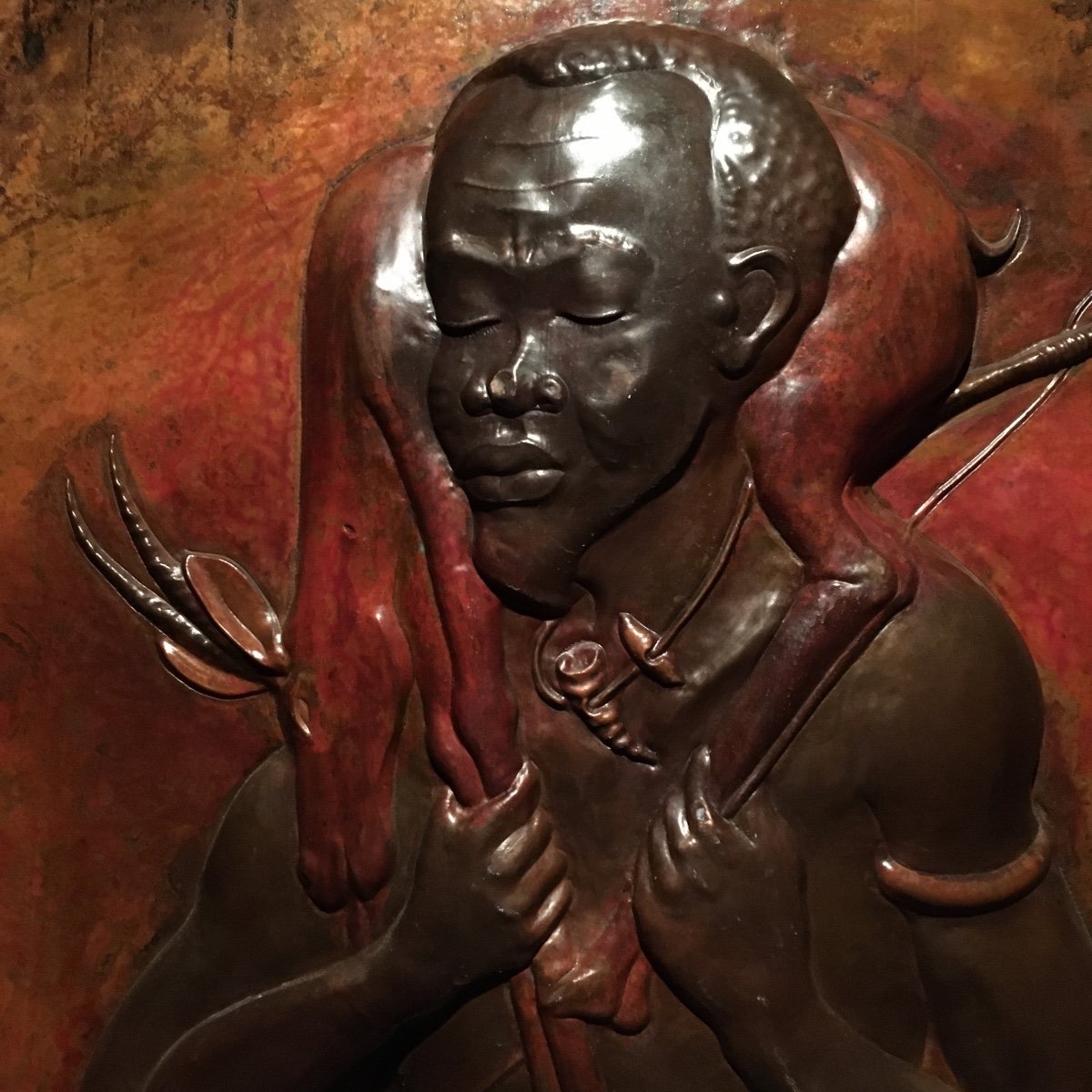Large Bas-relief 183x80 Cm In Polychromed Copper -photo-3