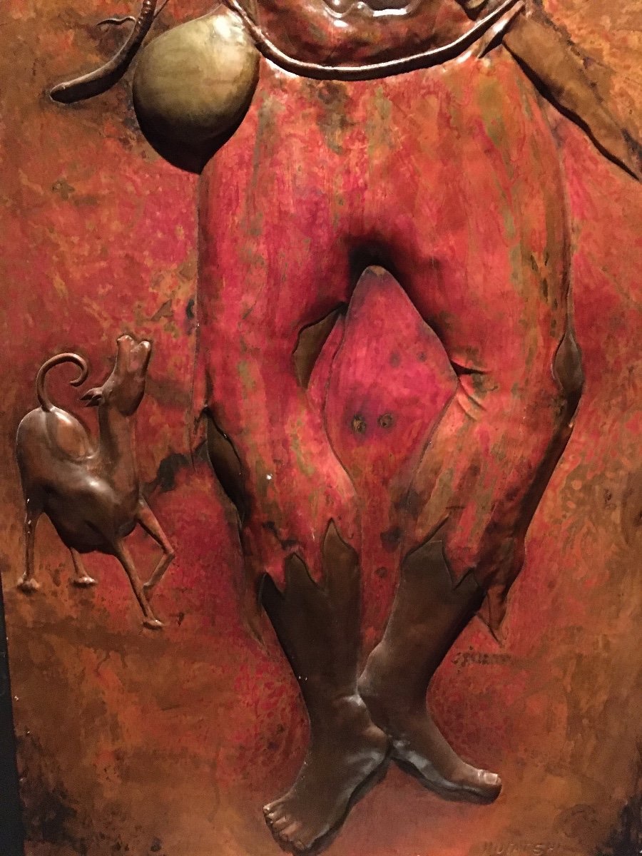 Large Bas-relief 183x80 Cm In Polychromed Copper -photo-4