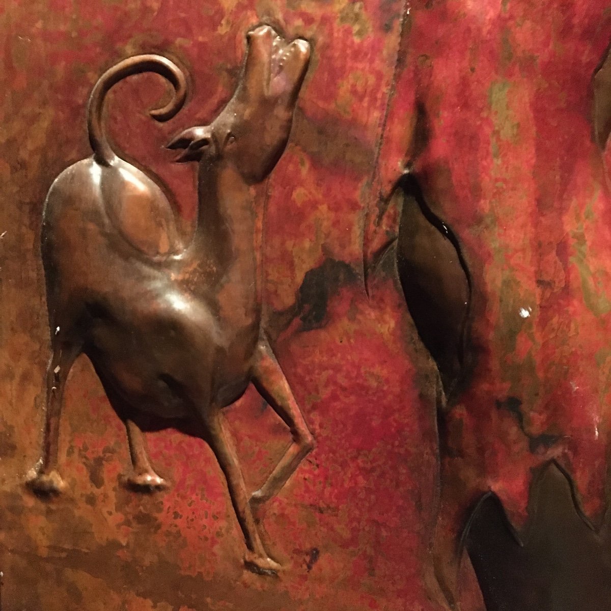 Large Bas-relief 183x80 Cm In Polychromed Copper -photo-6