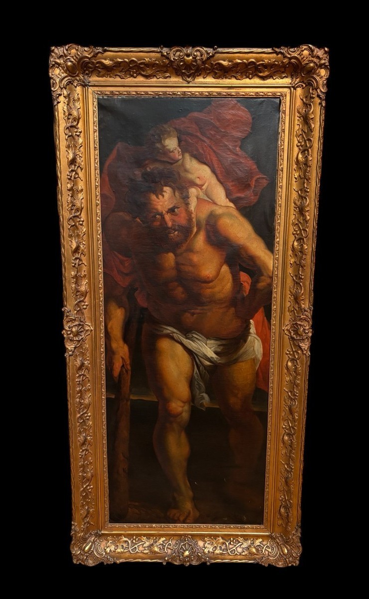 Tableau décoratif « Christophe et le Christ » huile sur toile début 19ème. ( 150 cm )
