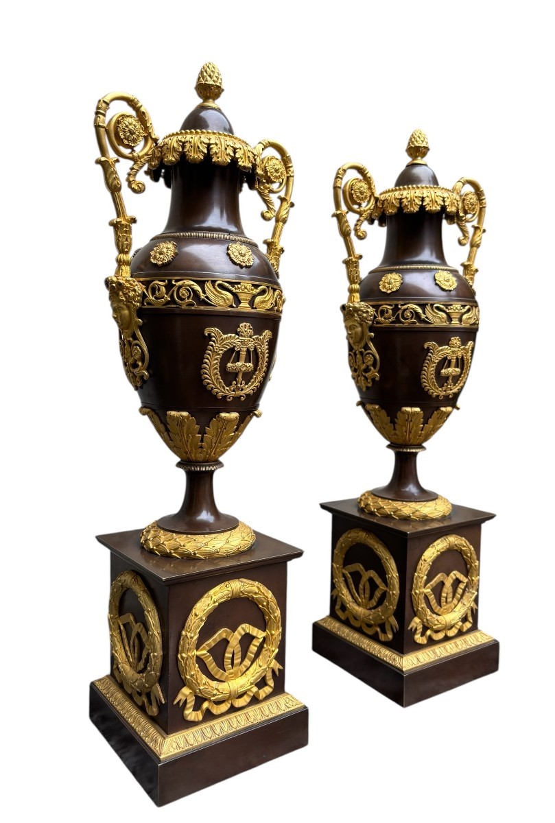 Pair Of Large Empire Gilt/patinated Bronze Cassolettes, 19th Century.-photo-2