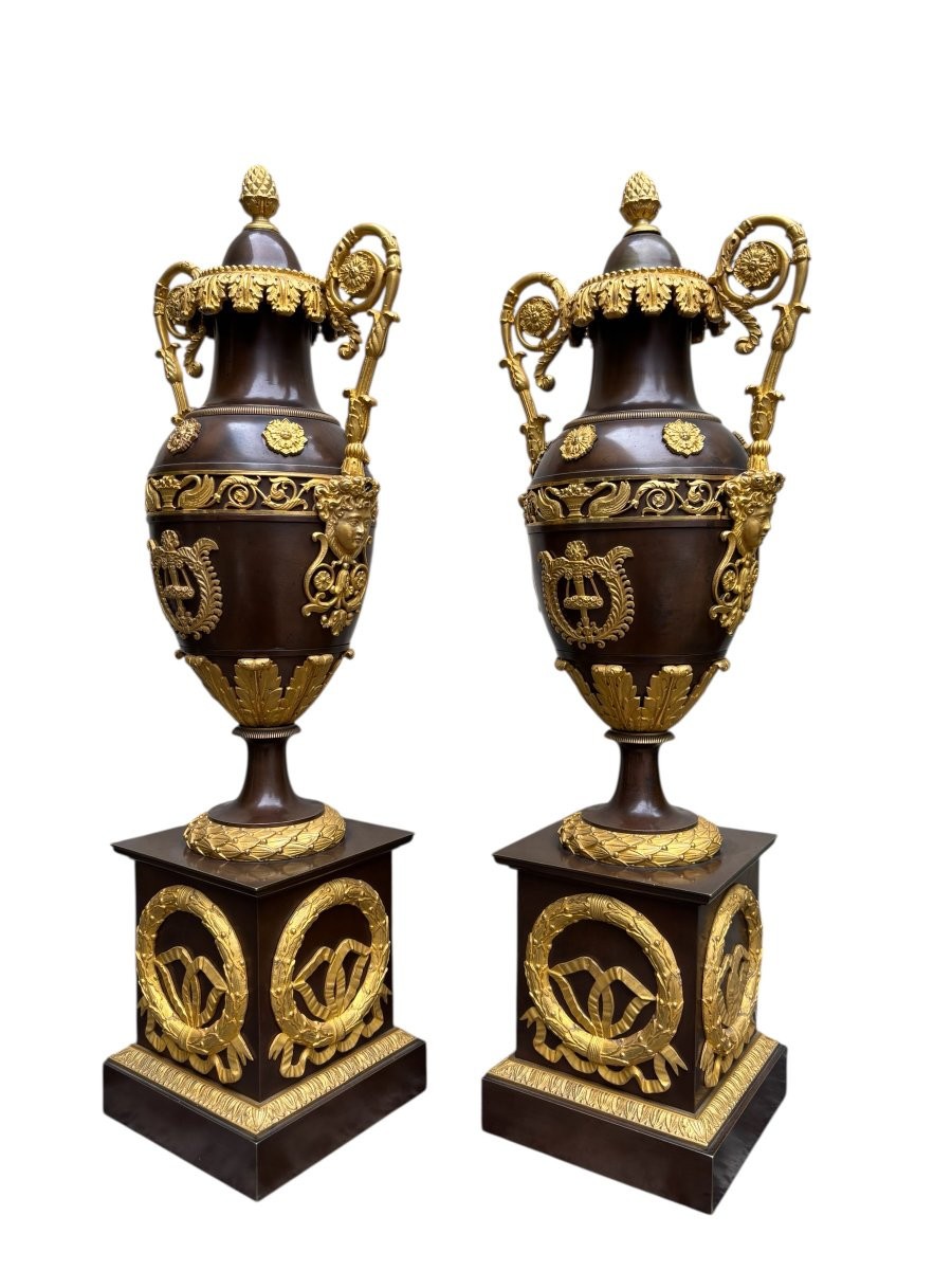 Pair Of Large Empire Gilt/patinated Bronze Cassolettes, 19th Century.-photo-3
