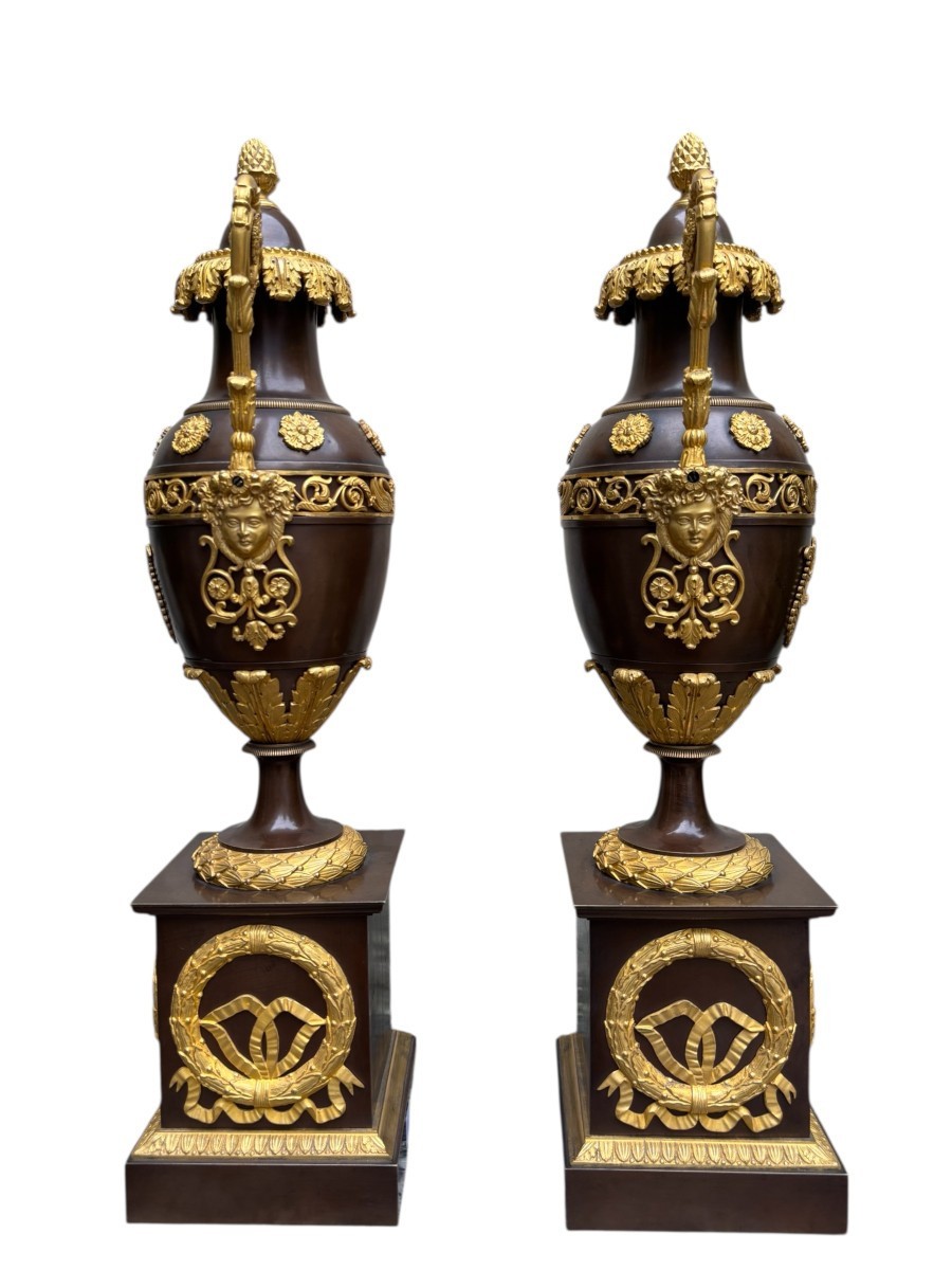 Pair Of Large Empire Gilt/patinated Bronze Cassolettes, 19th Century.-photo-4