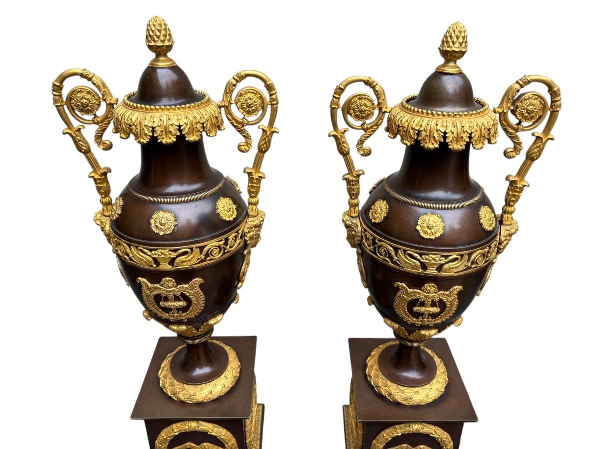 Pair Of Large Empire Gilt/patinated Bronze Cassolettes, 19th Century.-photo-1