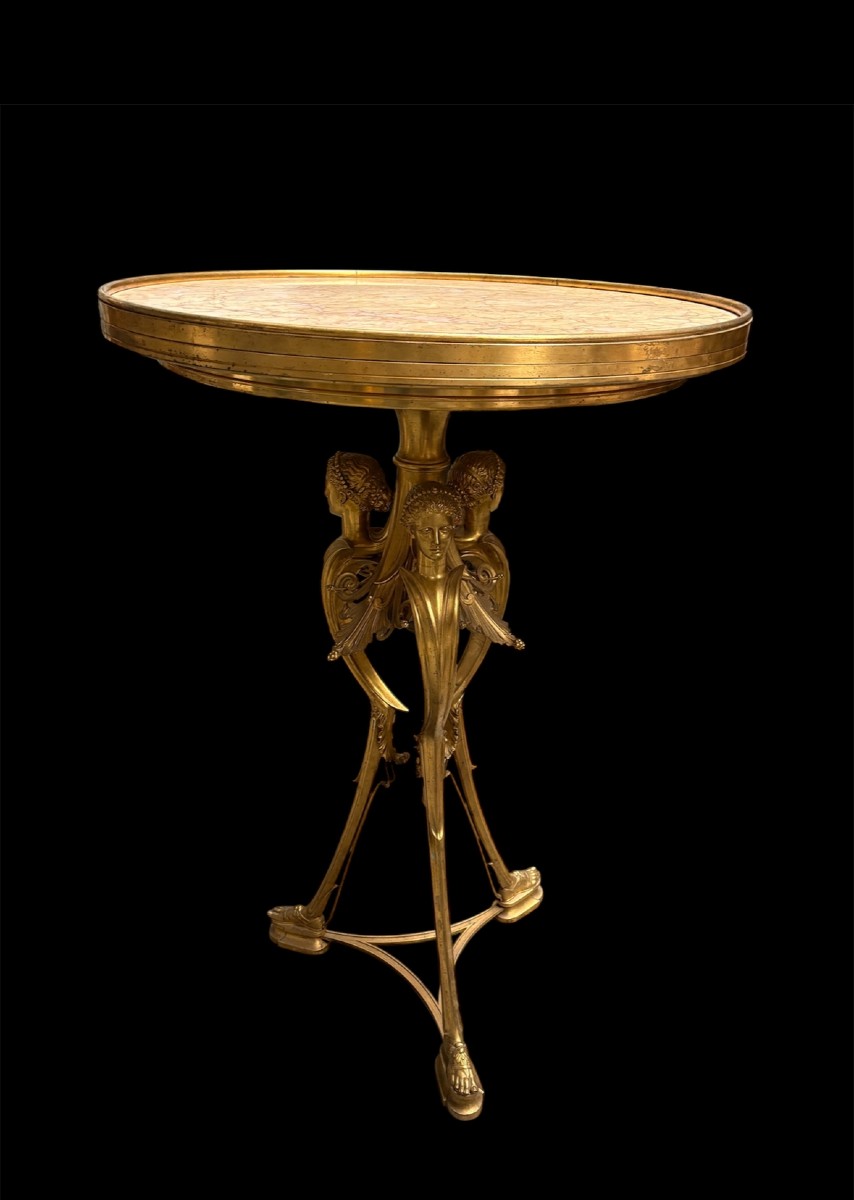 Guéridon en bronze doré / marbre signé par F.Barbedienne XIXe.-photo-3