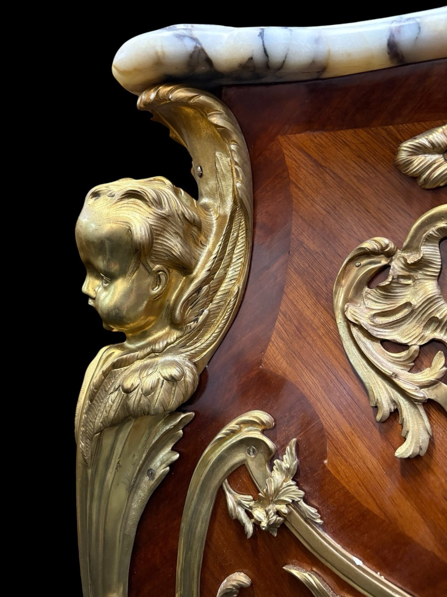 Pair Of Large Louis XV Style Marquetry/bronze Columns, 20th Century.-photo-4