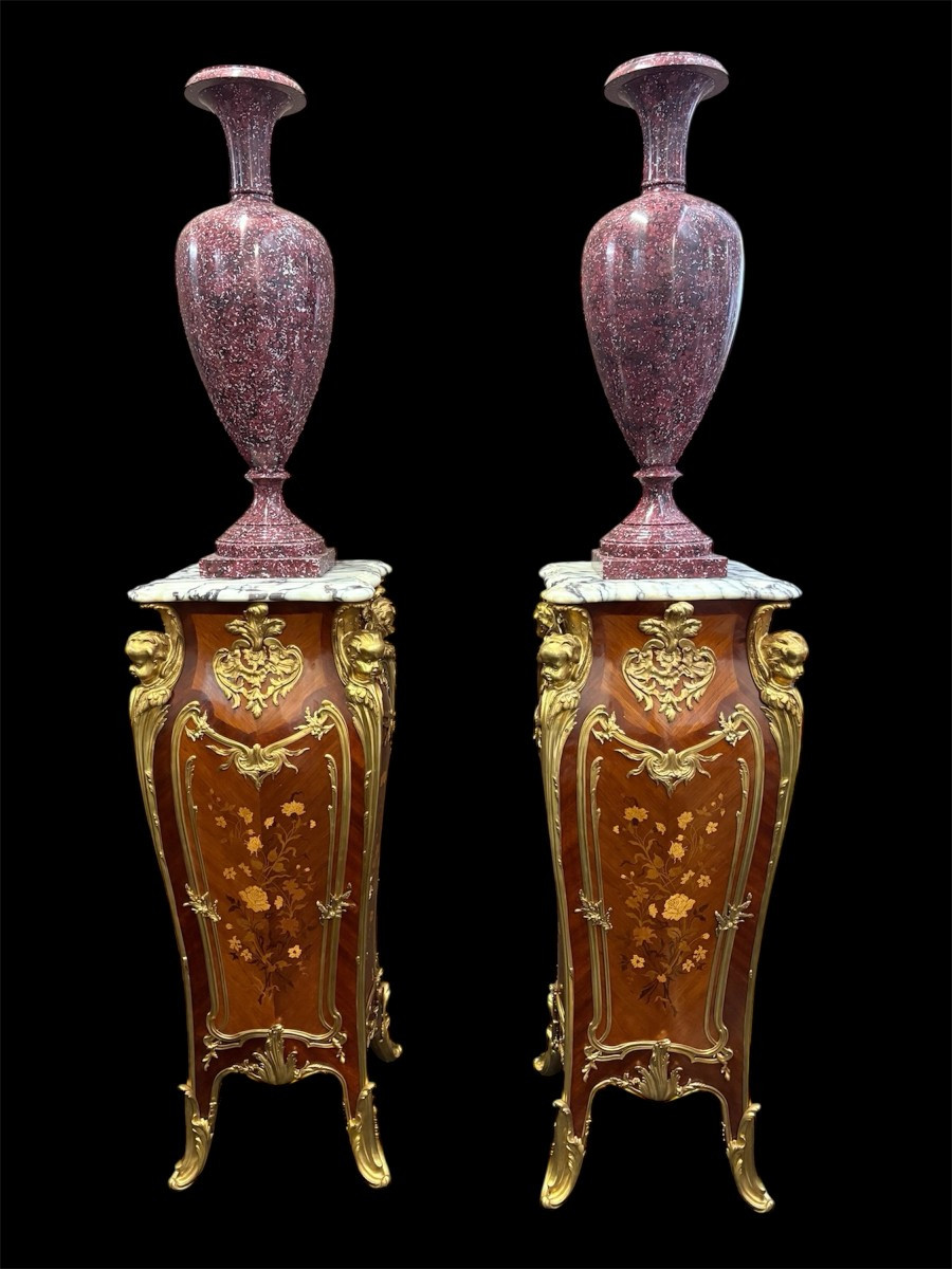 Pair Of Large Louis XV Style Marquetry/bronze Columns, 20th Century.-photo-1