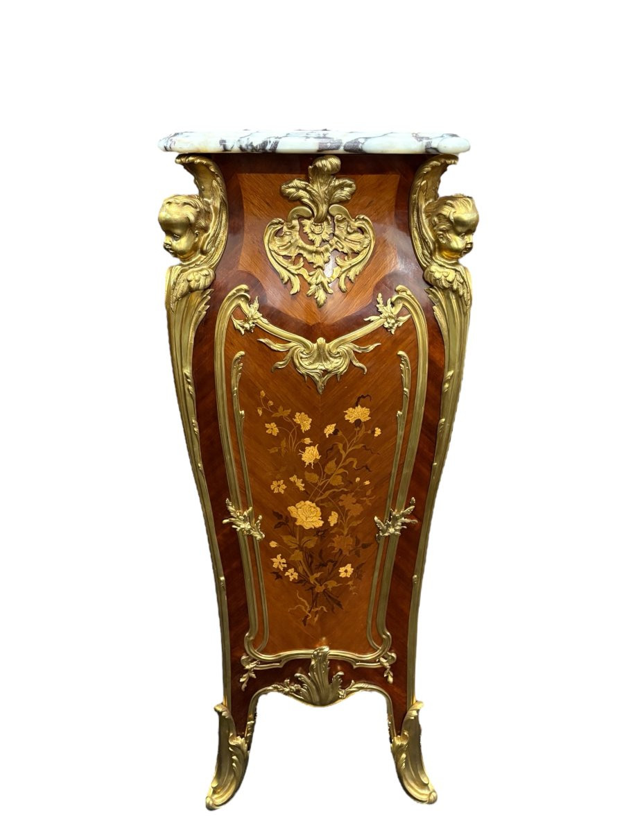Pair Of Large Louis XV Style Marquetry/bronze Columns, 20th Century.-photo-3
