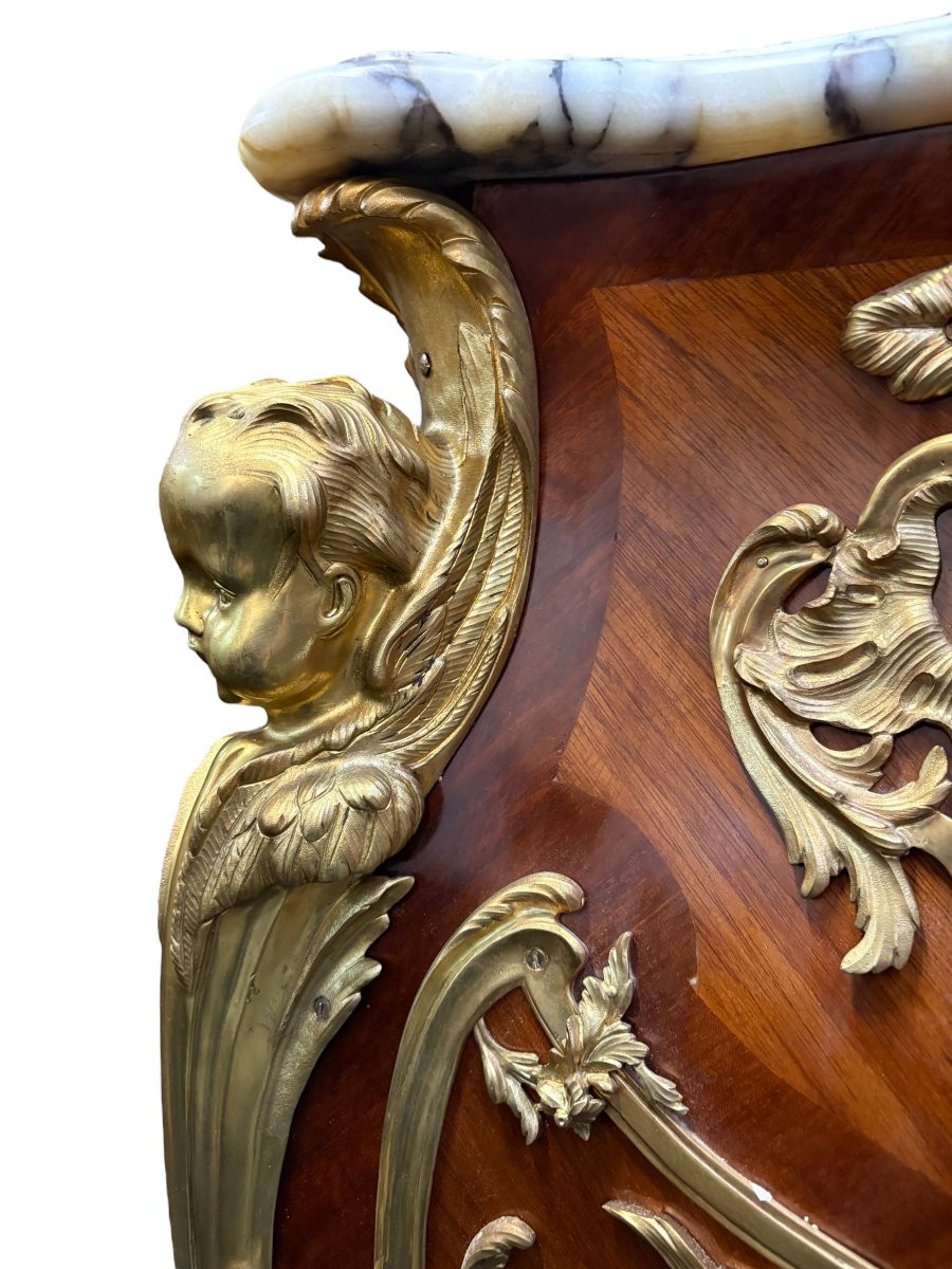 Pair Of Large Louis XV Style Marquetry/bronze Columns, 20th Century.-photo-4