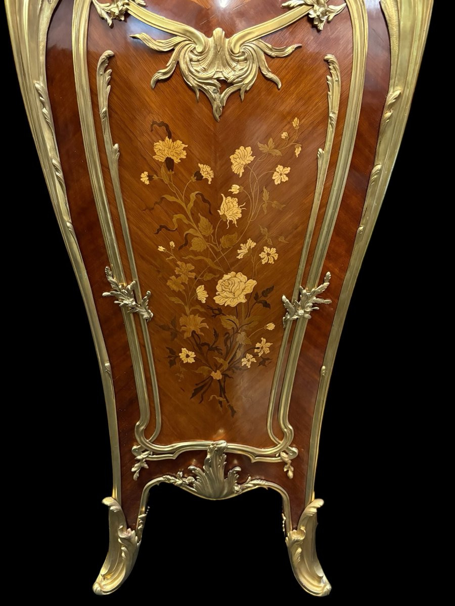 Pair Of Large Louis XV Style Marquetry/bronze Columns, 20th Century.-photo-6