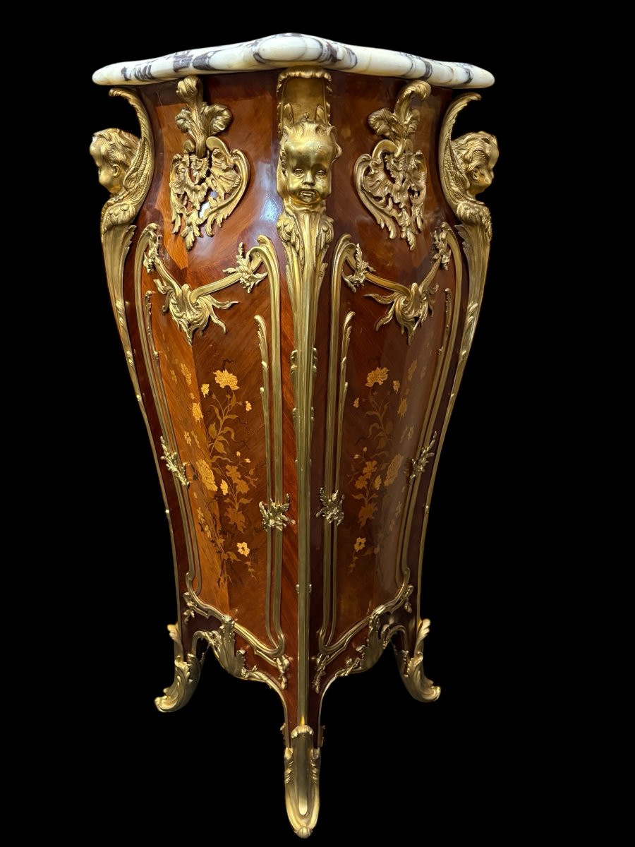 Pair Of Large Louis XV Style Marquetry/bronze Columns, 20th Century.-photo-7