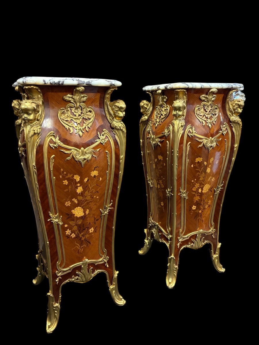 Pair Of Large Louis XV Style Marquetry/bronze Columns, 20th Century.