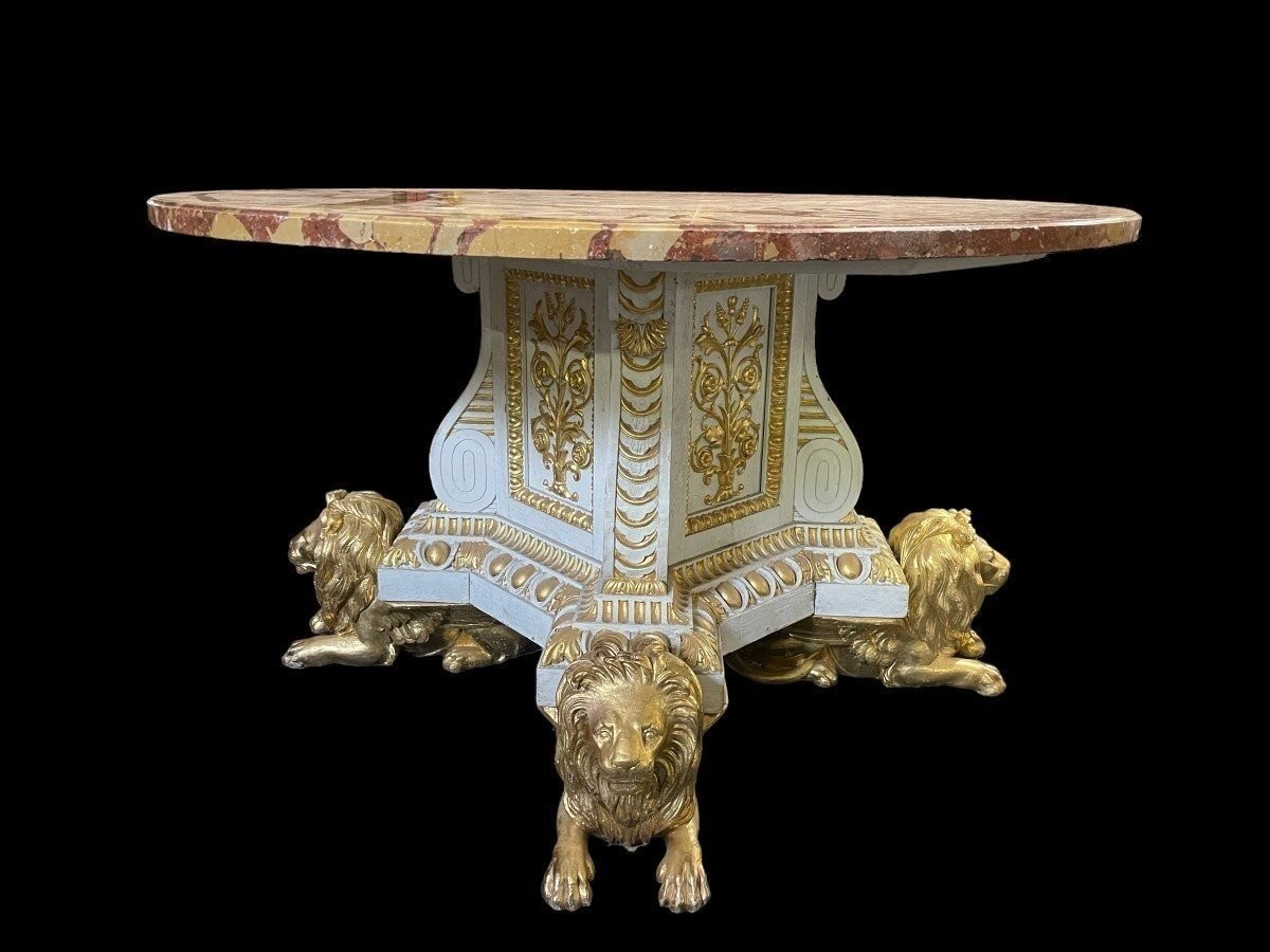 White And Gold Carved Wood Center Table With Round Breche d'Alep Marble Top.-photo-2
