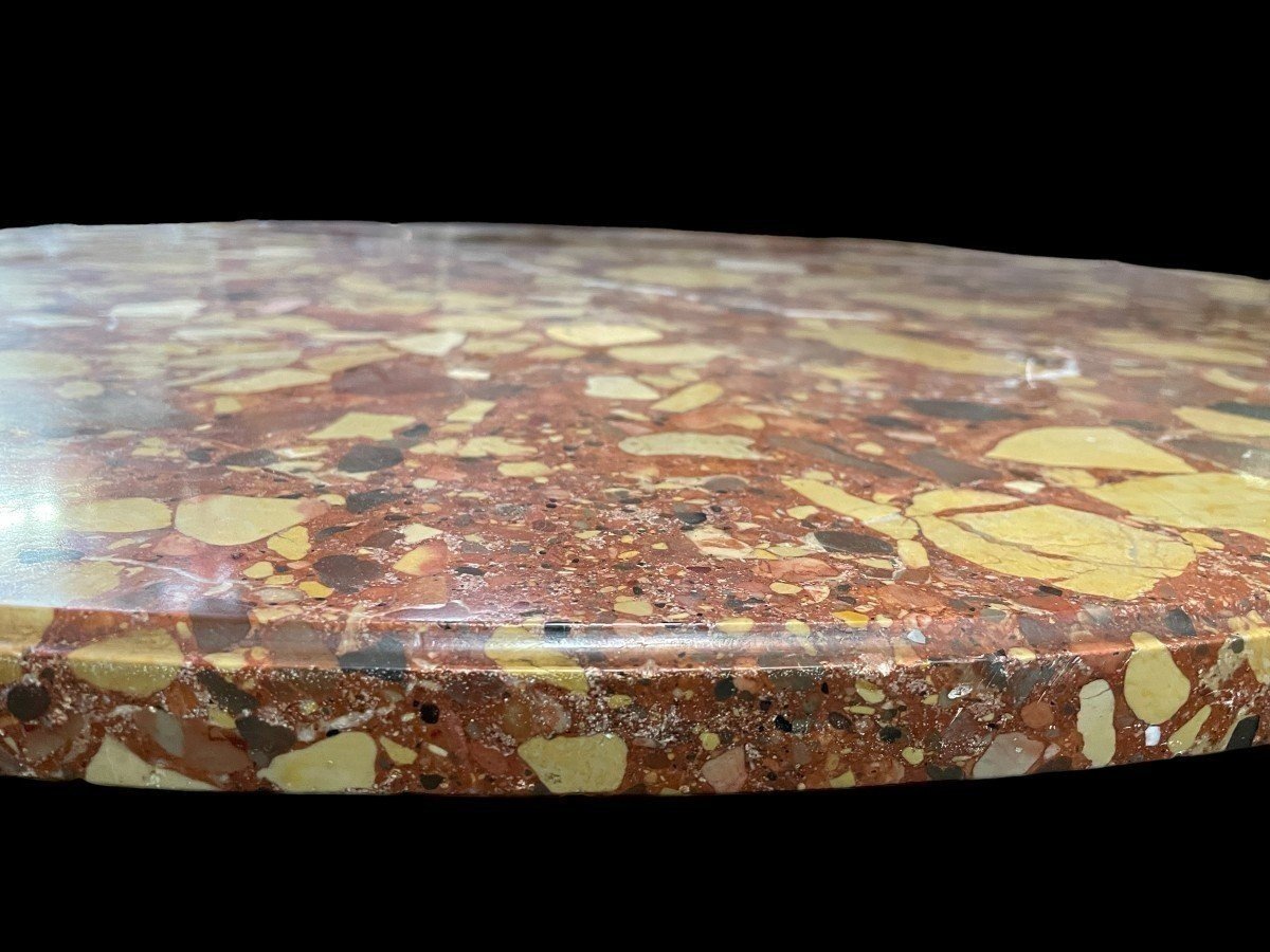 White And Gold Carved Wood Center Table With Round Breche d'Alep Marble Top.-photo-2