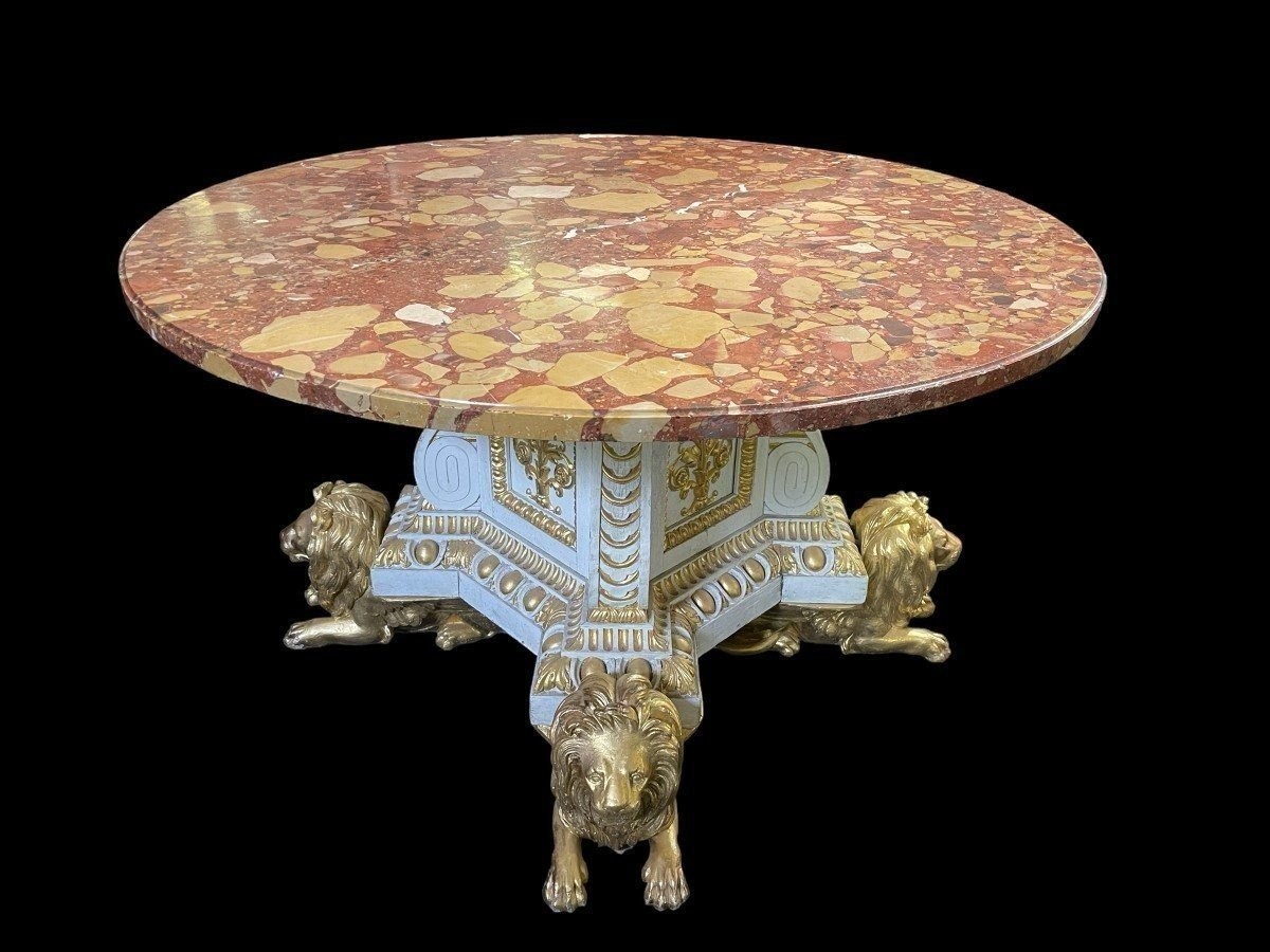 White And Gold Carved Wood Center Table With Round Breche d'Alep Marble Top.-photo-8