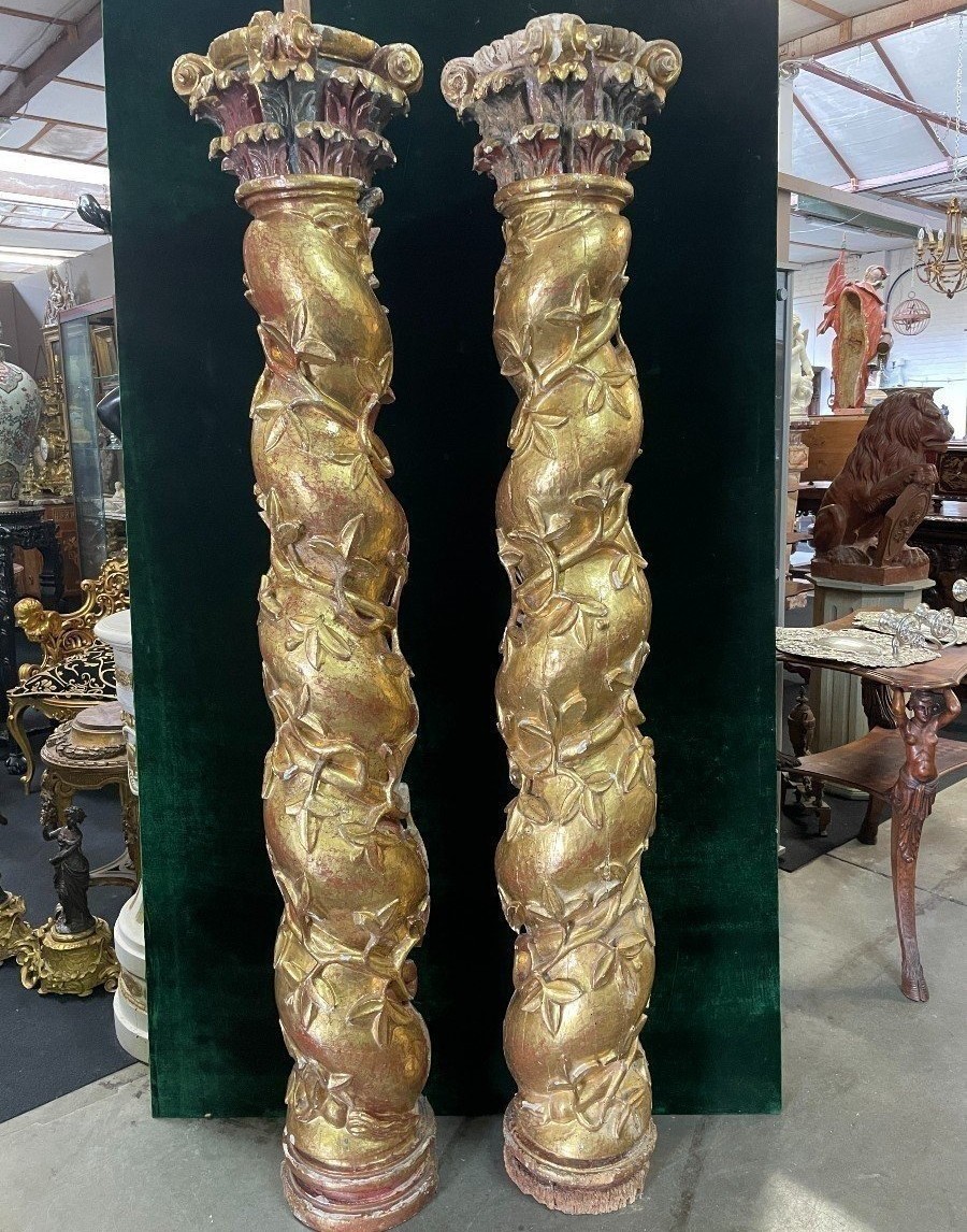 Pair Of Large Twisted Columns With Capitals, Early 17th Century.