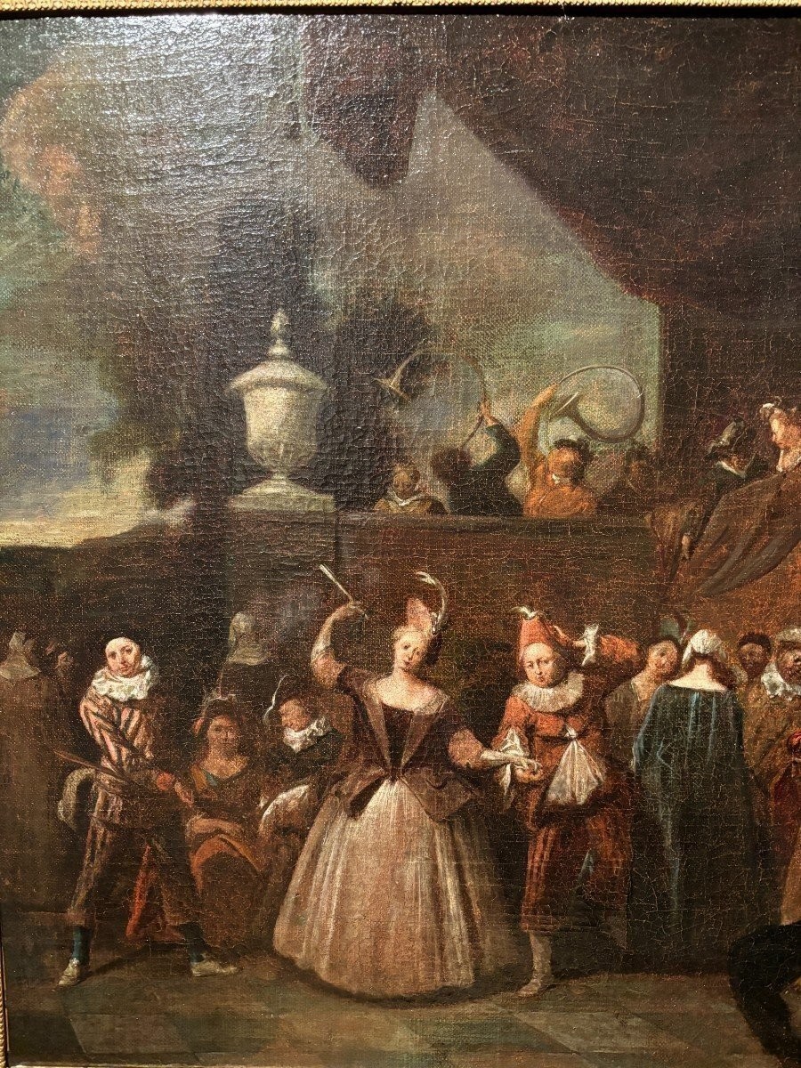 Tableau Du 18ème Siècle « Scène De Danse Avec Arlequin » Huile Sur Toile.-photo-3