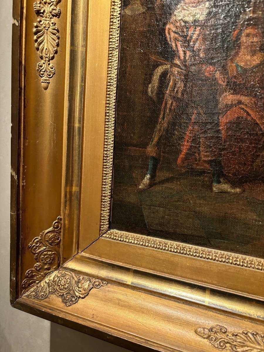 Tableau Du 18ème Siècle « Scène De Danse Avec Arlequin » Huile Sur Toile.-photo-3