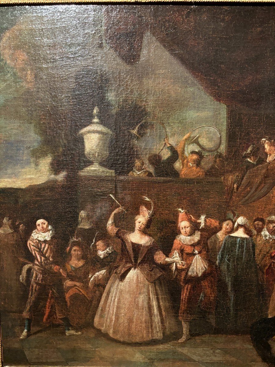 Tableau Du 18ème Siècle « Scène De Danse Avec Arlequin » Huile Sur Toile.-photo-6