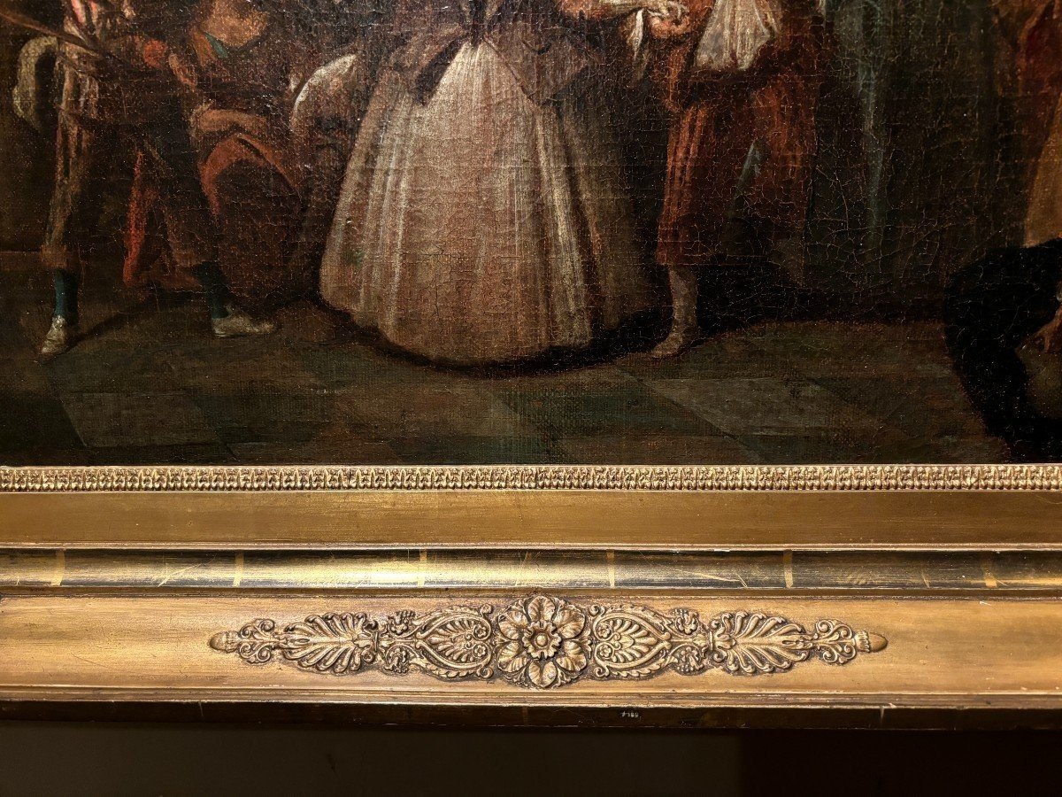 Tableau Du 18ème Siècle « Scène De Danse Avec Arlequin » Huile Sur Toile.-photo-7