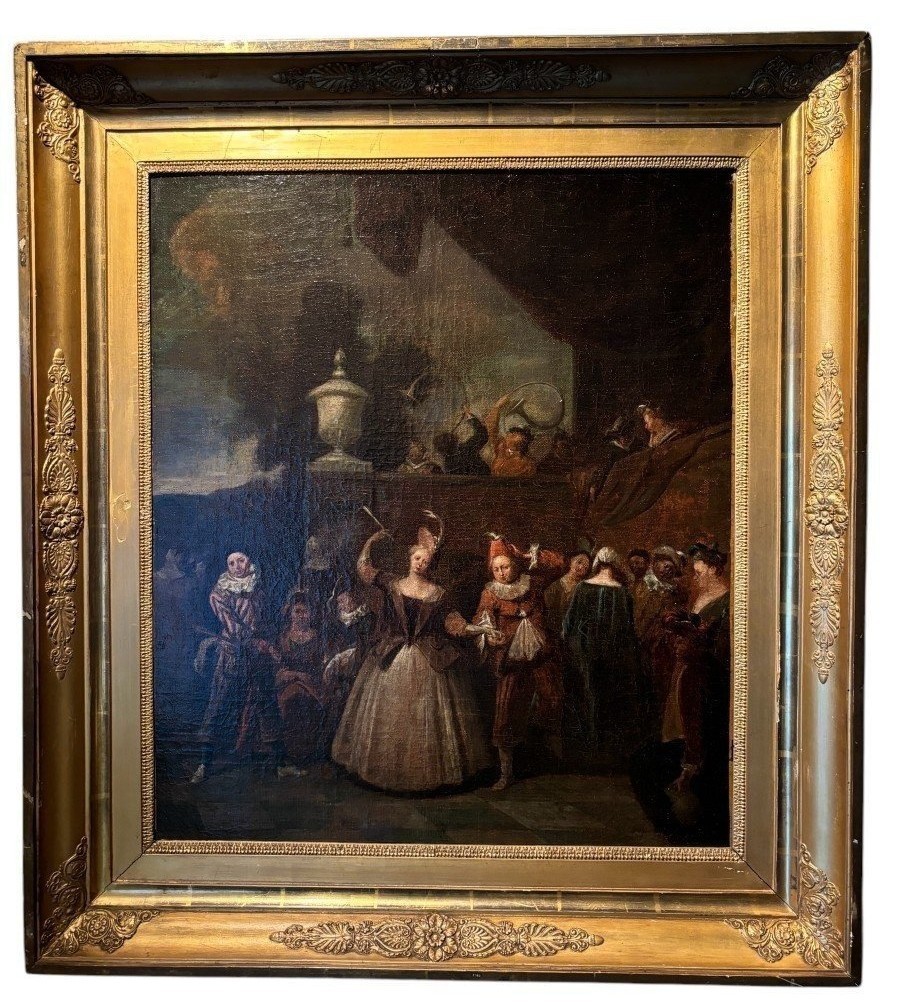 Tableau Du 18ème Siècle « Scène De Danse Avec Arlequin » Huile Sur Toile.-photo-8