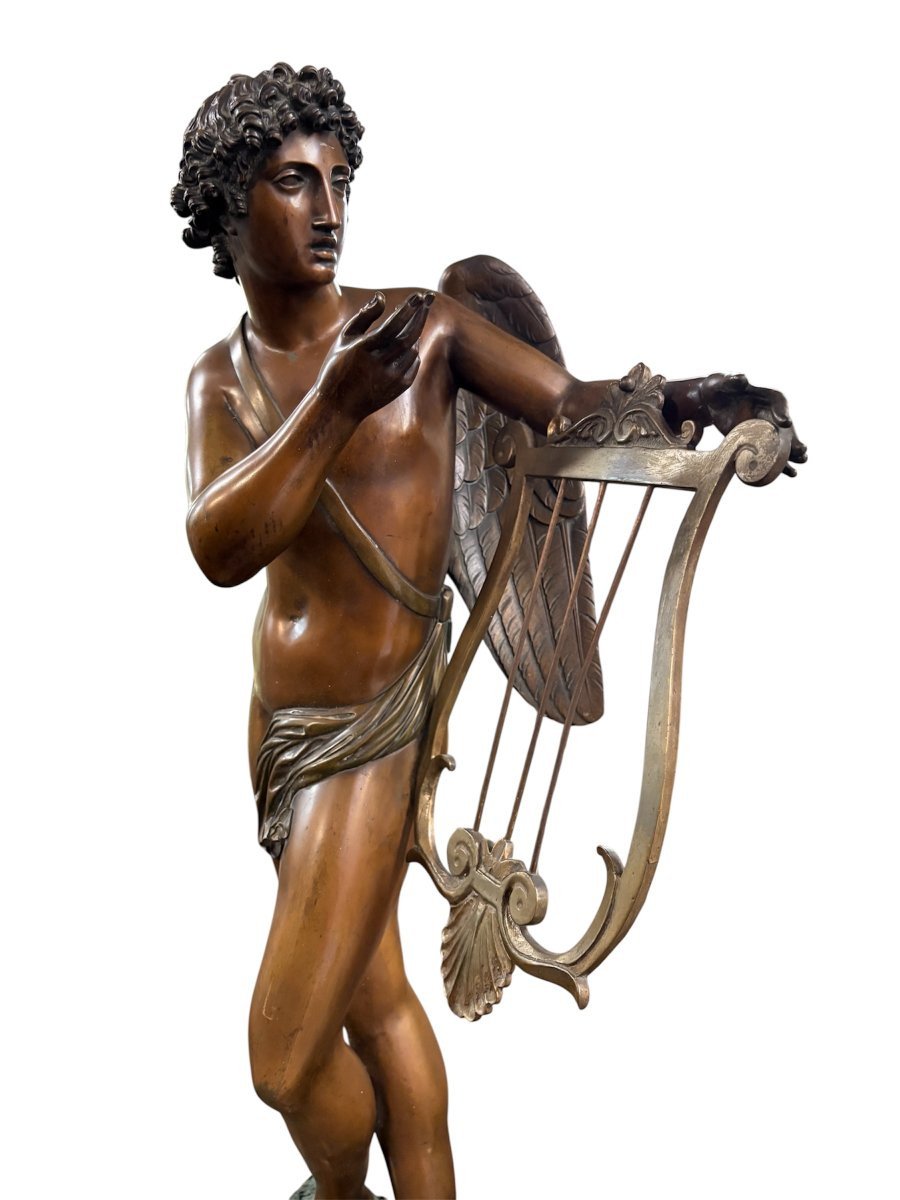 Large Bronze Sculpture "angel With Lyre" 19th Century. (76 Cm)-photo-4