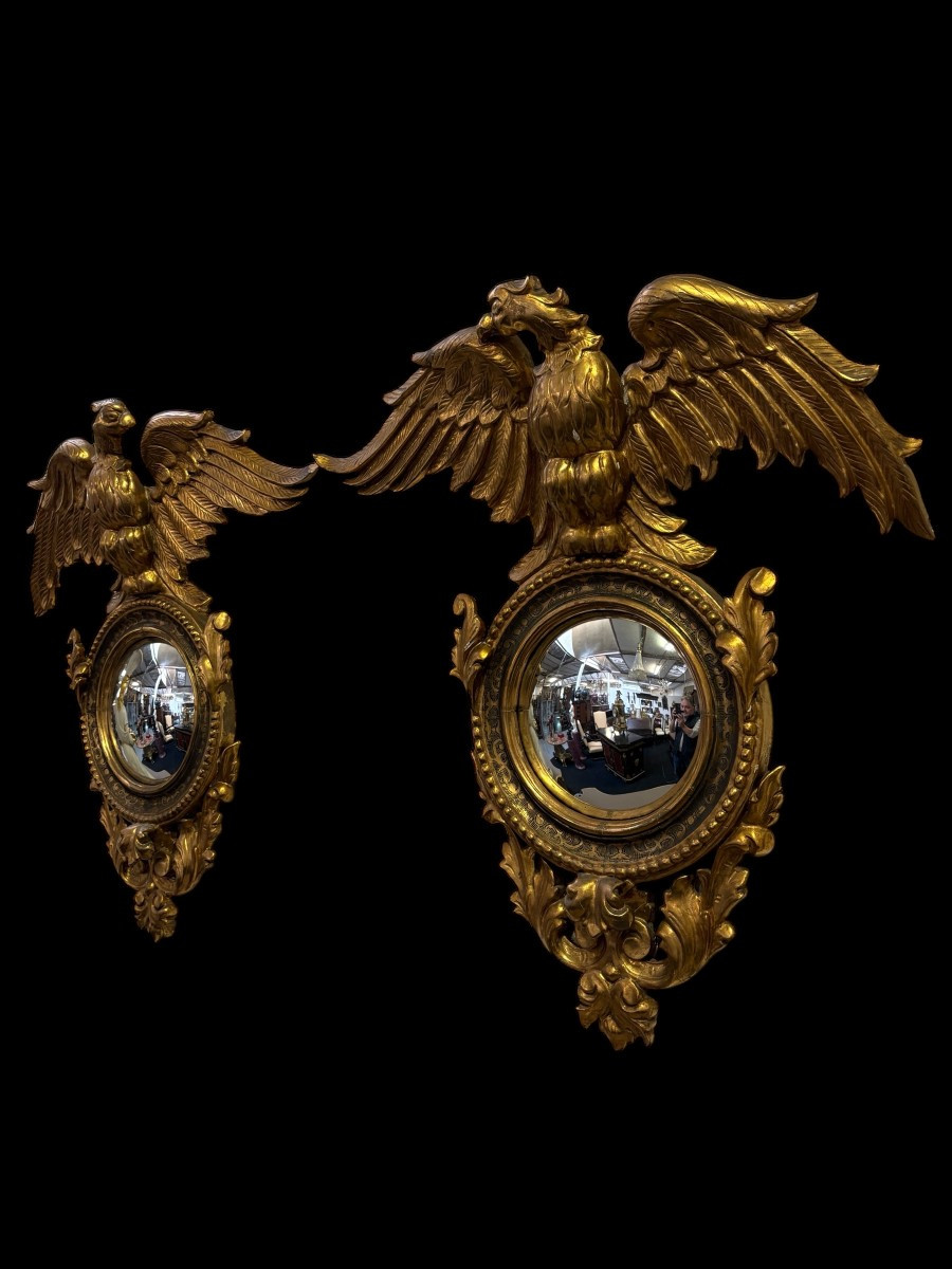 Pair Of Decorative “eagles” Mirrors In Gilded Wood, Late 19th Century.-photo-1