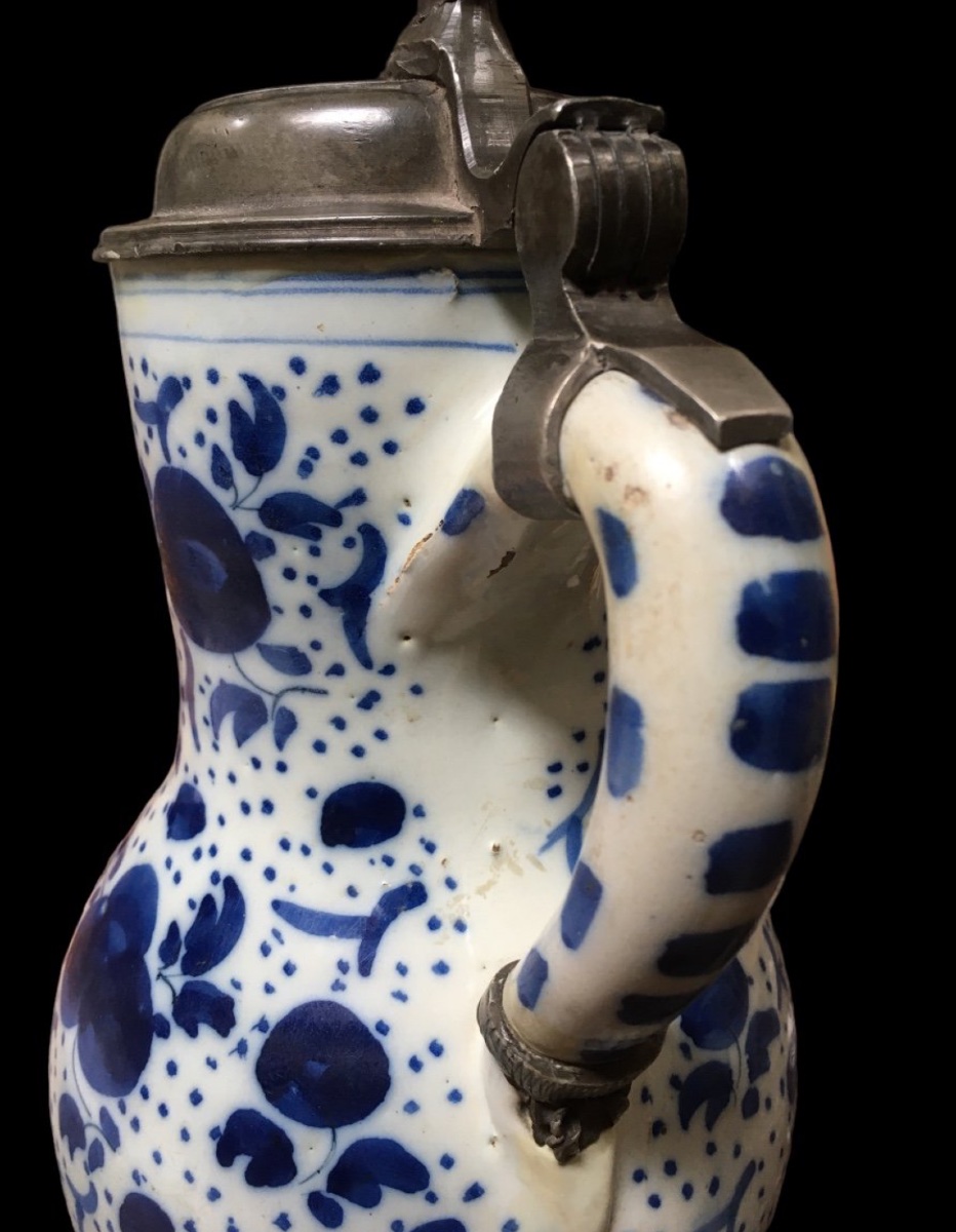 White And Blue Earthenware Pitcher Circa 1720 Delft.-photo-3