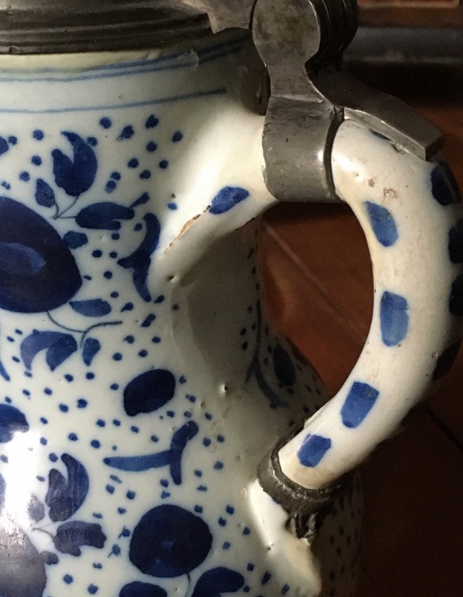 White And Blue Earthenware Pitcher Circa 1720 Delft.-photo-4