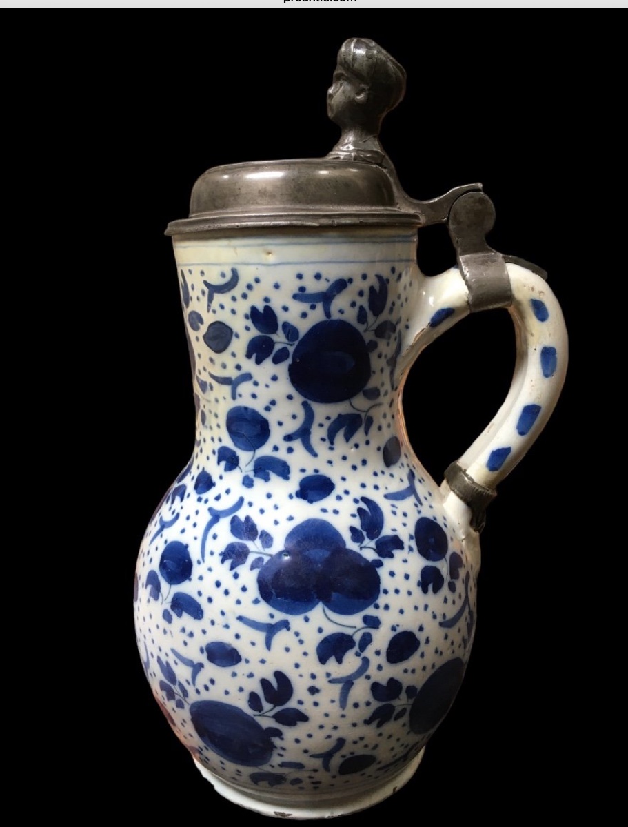 White And Blue Earthenware Pitcher Circa 1720 Delft.