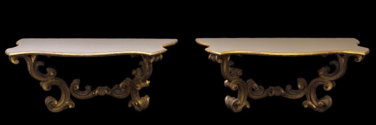 Pair Of Large Gilded Wood Console Tables, Italy 18th Century.-photo-2