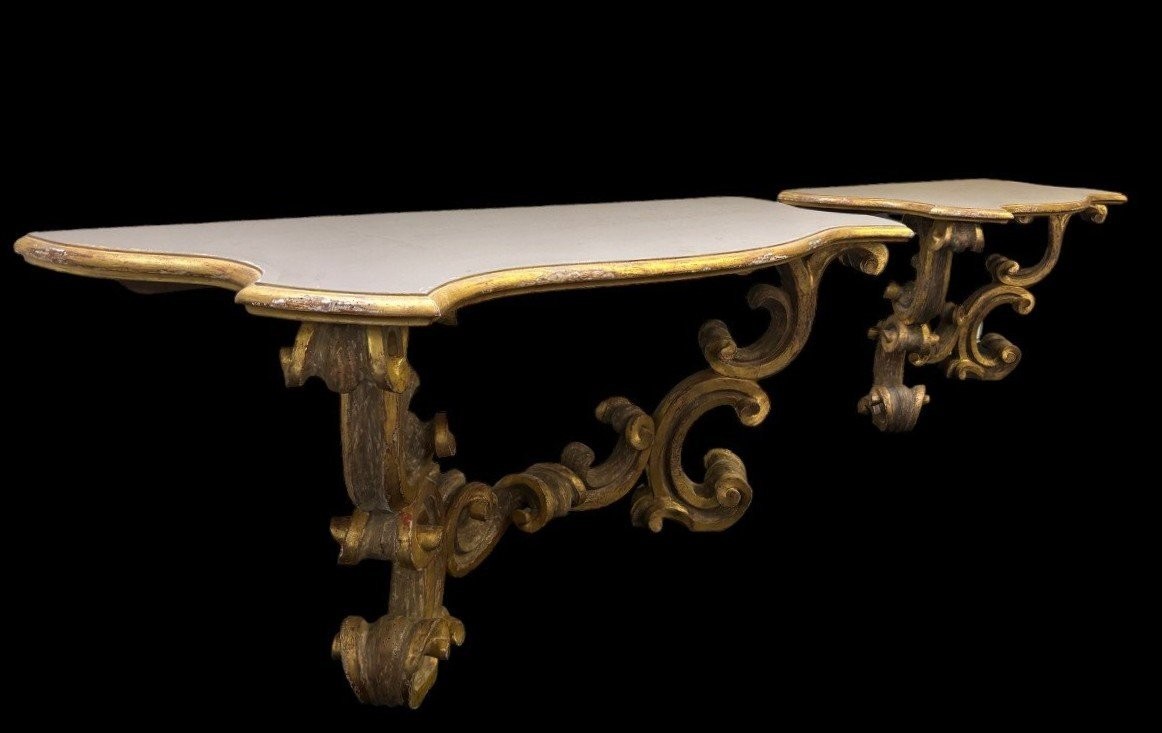 Pair Of Large Gilded Wood Console Tables, Italy 18th Century.