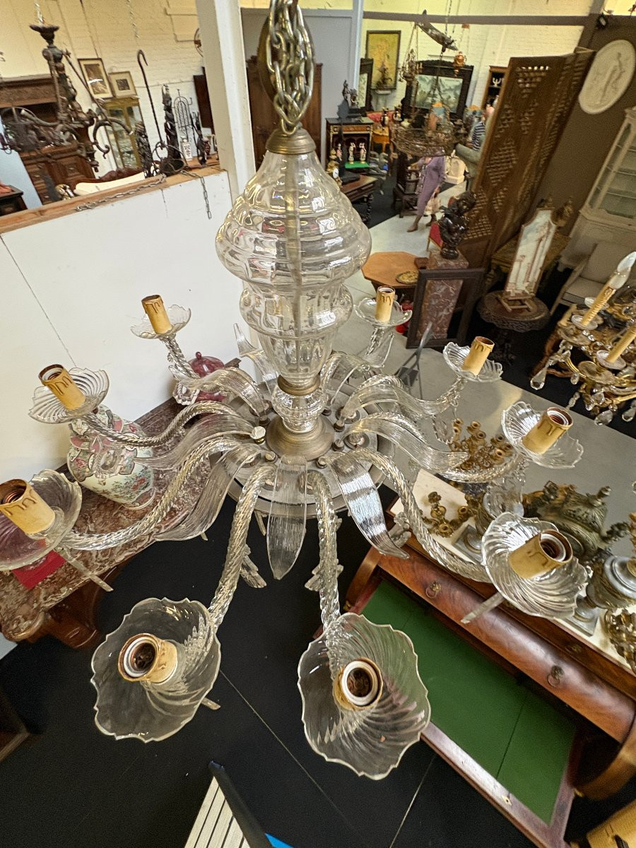 Large, Wide Glass Chandelier With 10 Light Arms, Late 19th Century.-photo-7