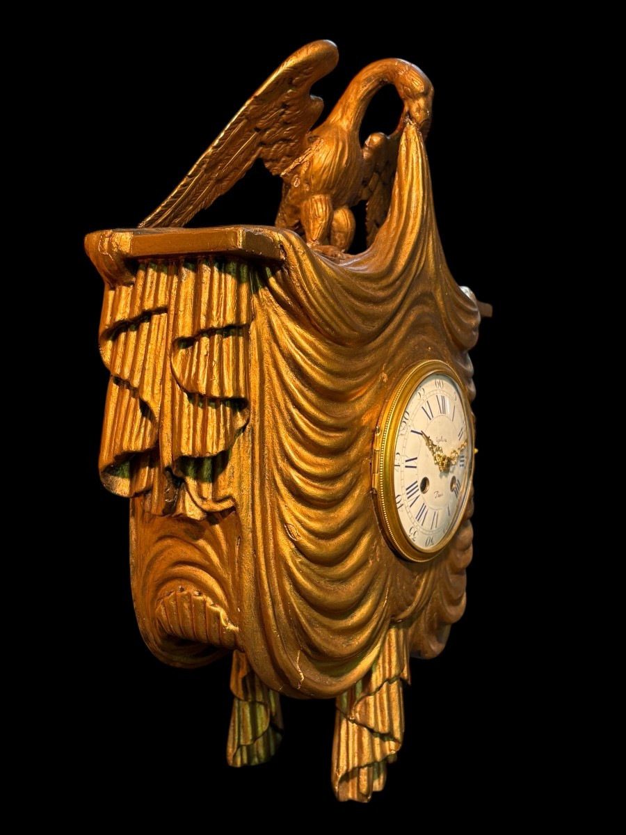 Elegant Cartel Clock With Eagle And Draperies In Gilt Wood, 19th Century-photo-2