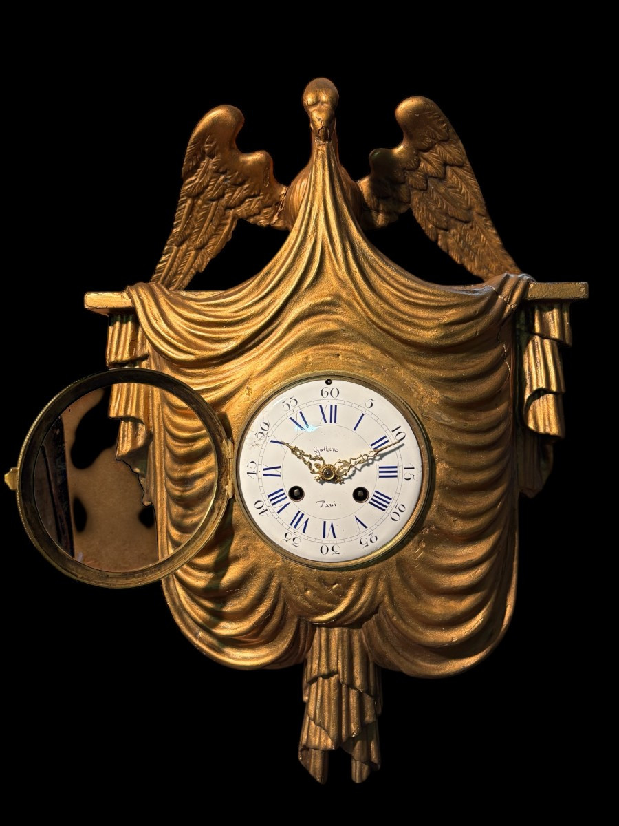 Elegant Cartel Clock With Eagle And Draperies In Gilt Wood, 19th Century-photo-3