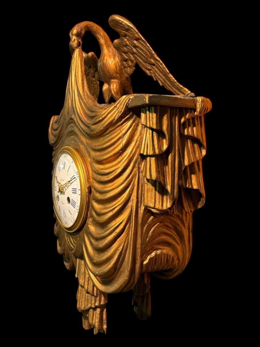 Elegant Cartel Clock With Eagle And Draperies In Gilt Wood, 19th Century-photo-4