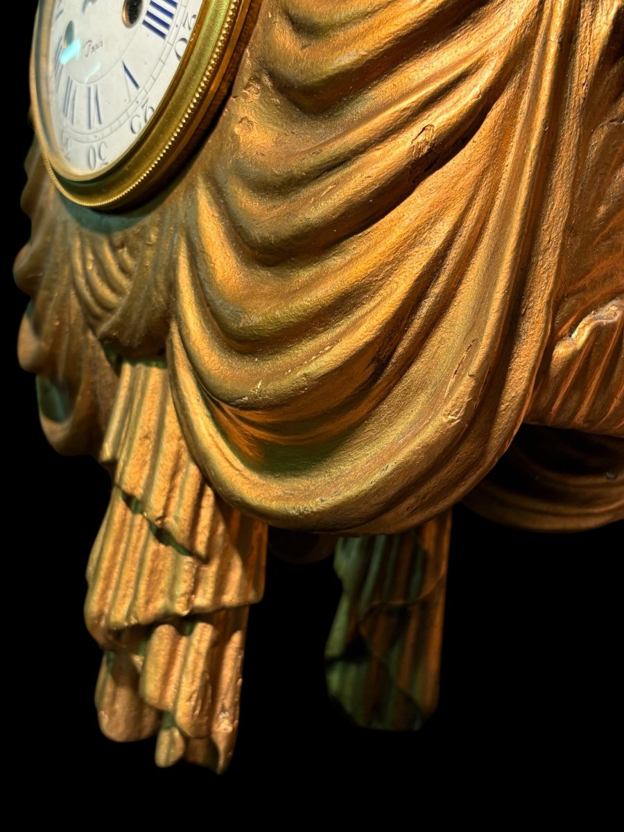 Elegant Cartel Clock With Eagle And Draperies In Gilt Wood, 19th Century-photo-1
