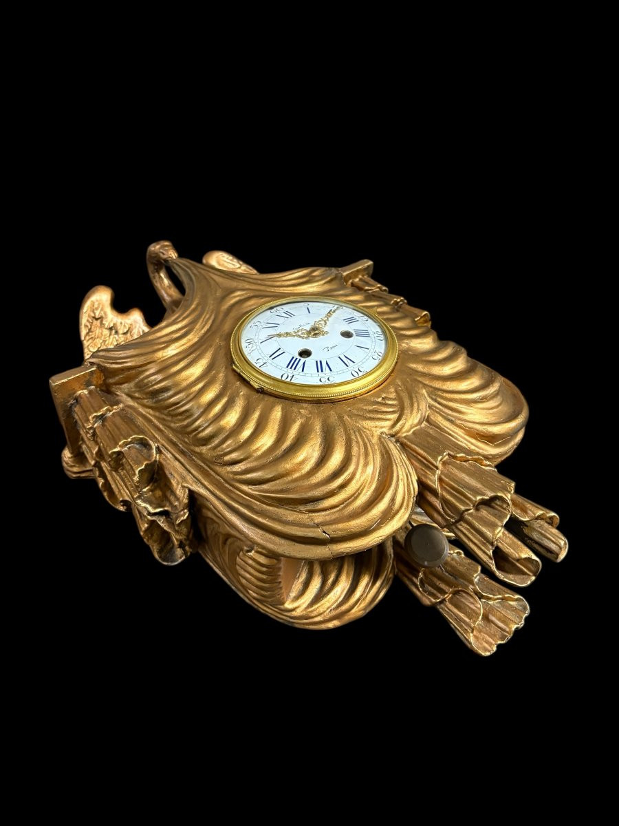 Elegant Cartel Clock With Eagle And Draperies In Gilt Wood, 19th Century-photo-7