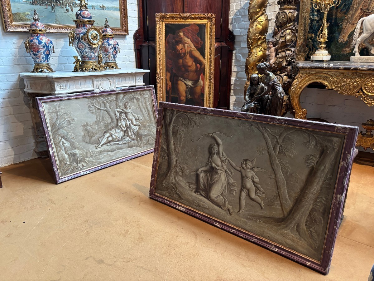 Paire de Grisailles scène de paysage huile sur toile fin 18ème.-photo-2