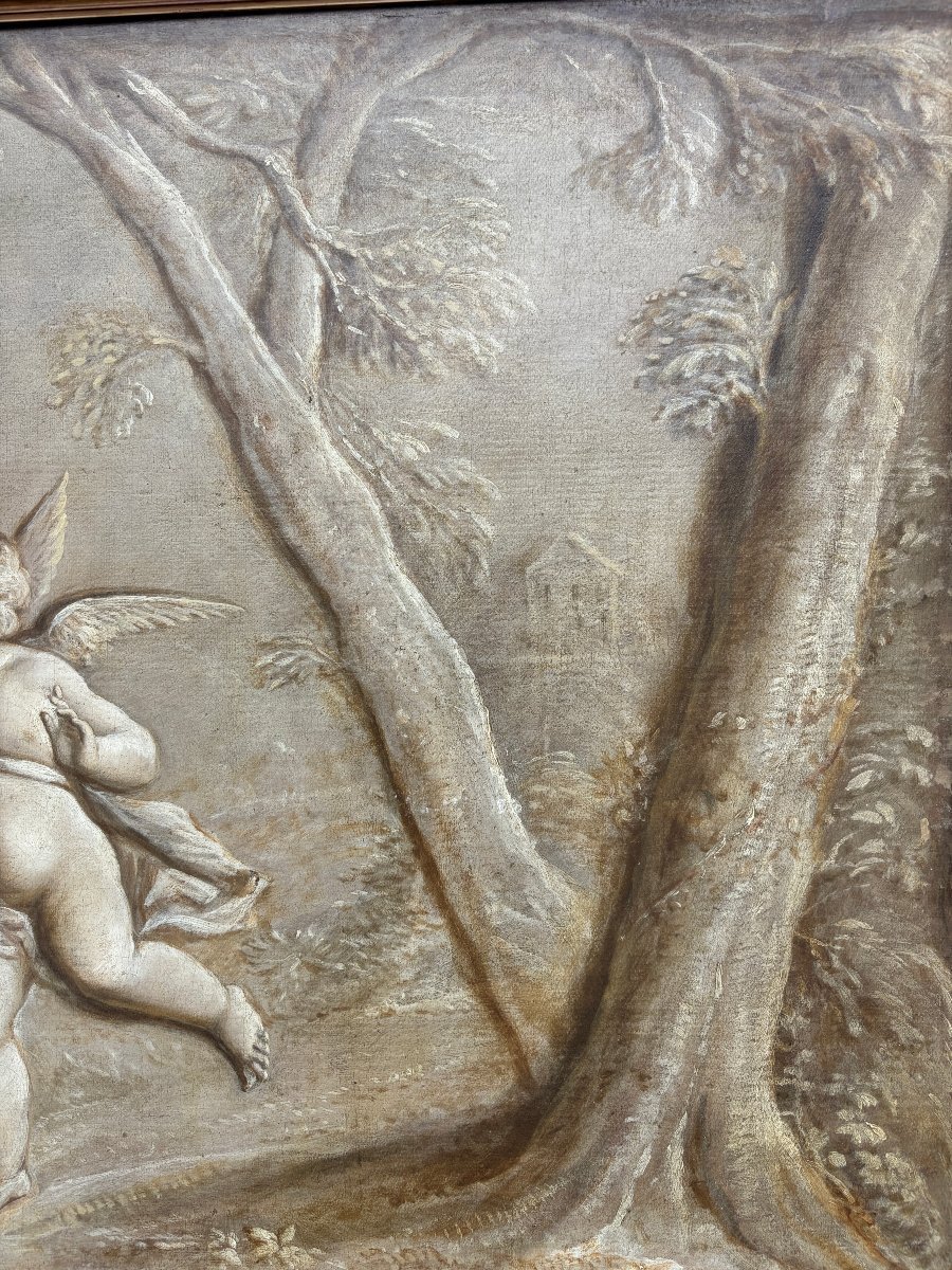 Paire de Grisailles scène de paysage huile sur toile fin 18ème.-photo-2