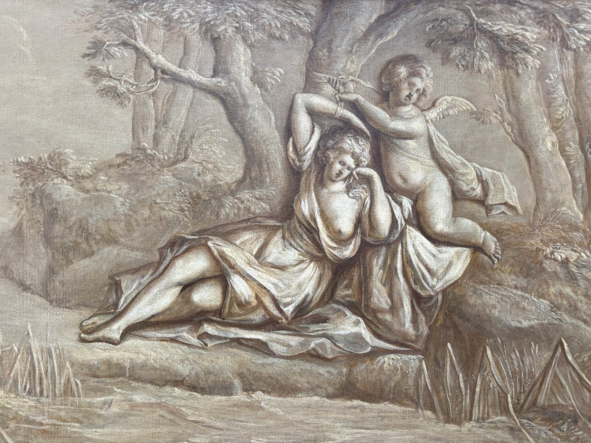 Paire de Grisailles scène de paysage huile sur toile fin 18ème.-photo-3