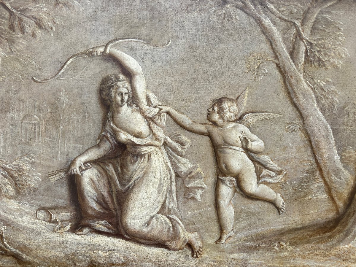 Paire de Grisailles scène de paysage huile sur toile fin 18ème.-photo-4