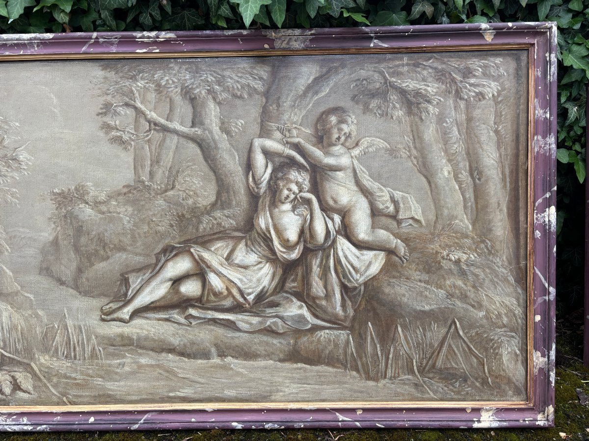 Paire de Grisailles scène de paysage huile sur toile fin 18ème.-photo-5