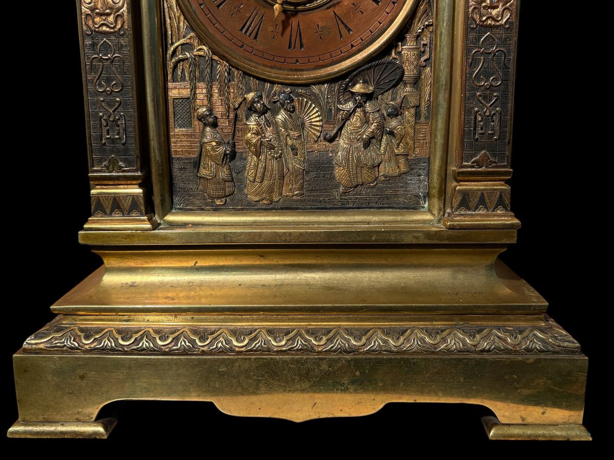 19th Century Japanese Style Bronze "pagoda" Clock Set.-photo-4