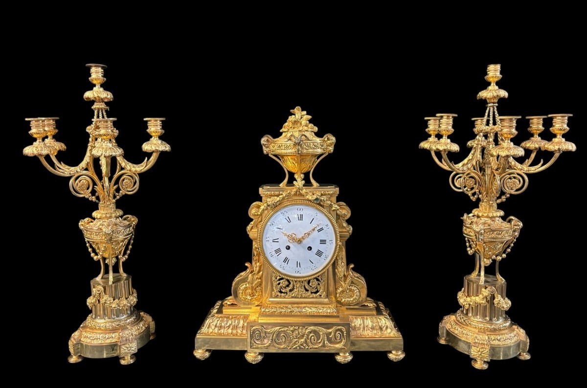 Large Louis XVI Style Gilt Bronze Fireplace Set, 19th Century.