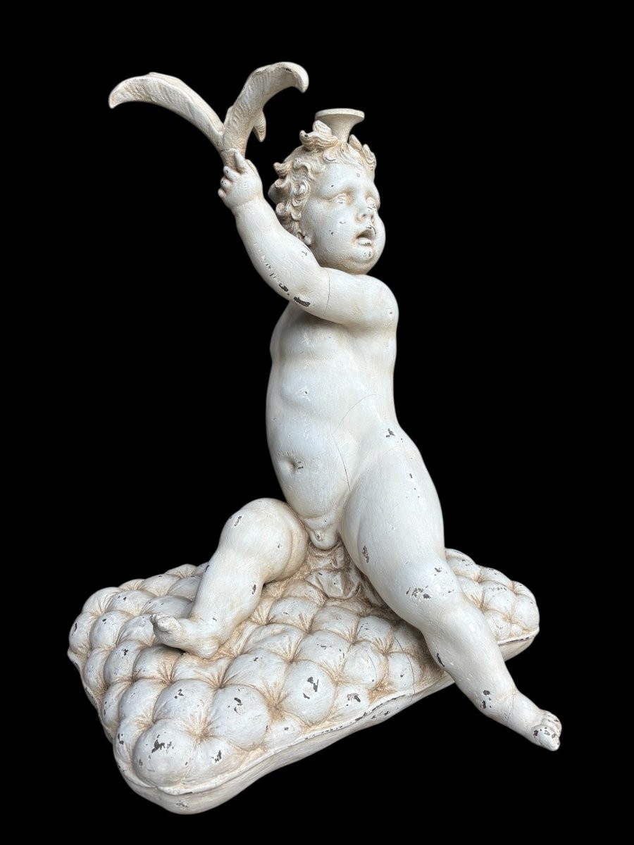 Large 18th Century Painted Wooden Sculpture Of Putti. (92 Cm)-photo-2