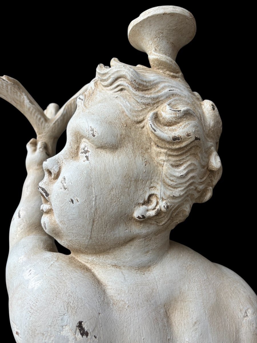 Large 18th Century Painted Wooden Sculpture Of Putti. (92 Cm)-photo-2