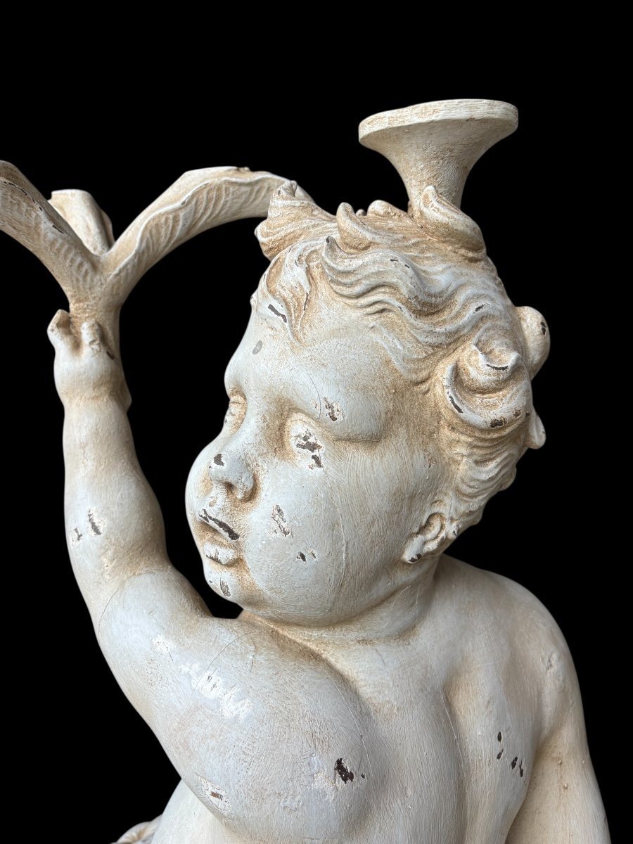 Large 18th Century Painted Wooden Sculpture Of Putti. (92 Cm)-photo-3
